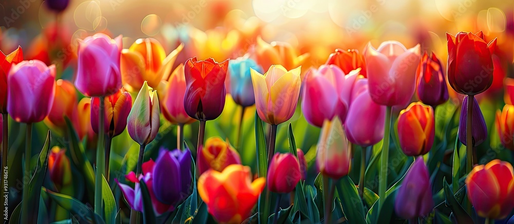 Aufkleber Spring flowers series closeup of lovely tulips in a tulip field with a blurred foreground and background. with copy space image. Place for adding text or design
