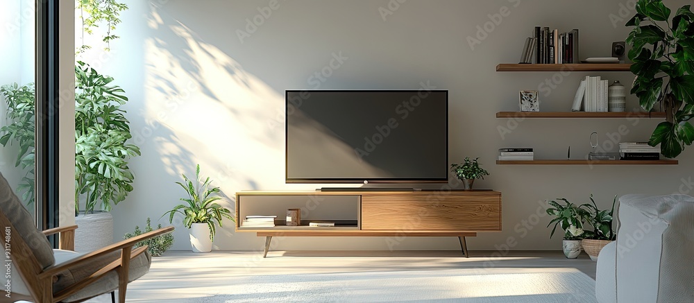 Poster interior of a contemporary living room featuring a shelving unit and a spot for the tv. with copy sp
