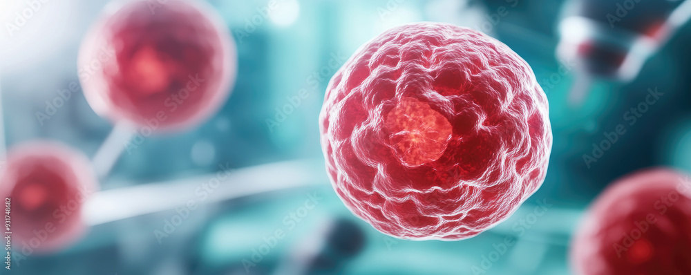 Poster microscopic view of cellular structures, vibrant red cells in a blurred background, showcasing the c