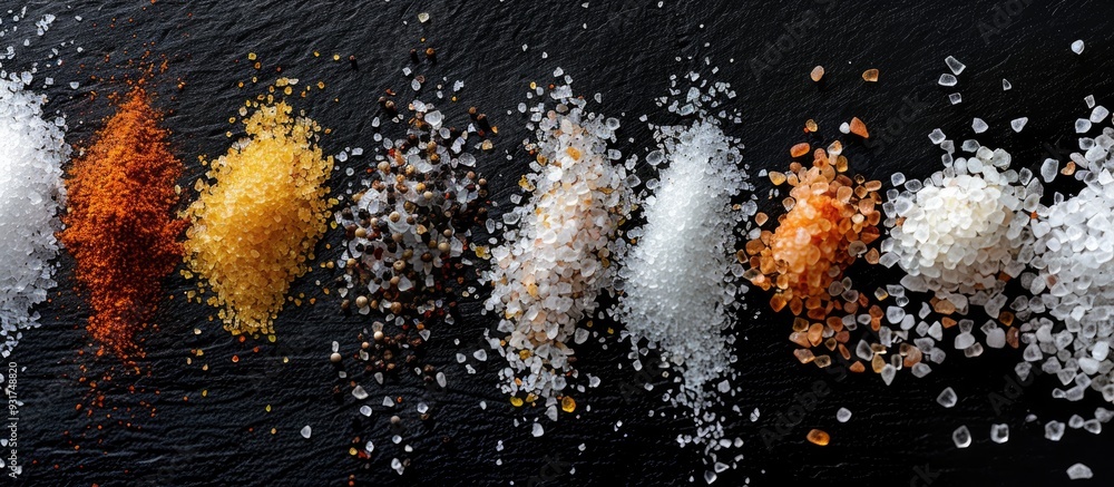 Poster salt and spices spread out on a black background top view. with copy space image. place for adding t