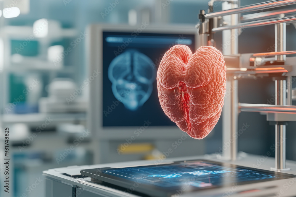 Poster 3d printed organ model in advanced laboratory, holographic display of brain scan in background, repr
