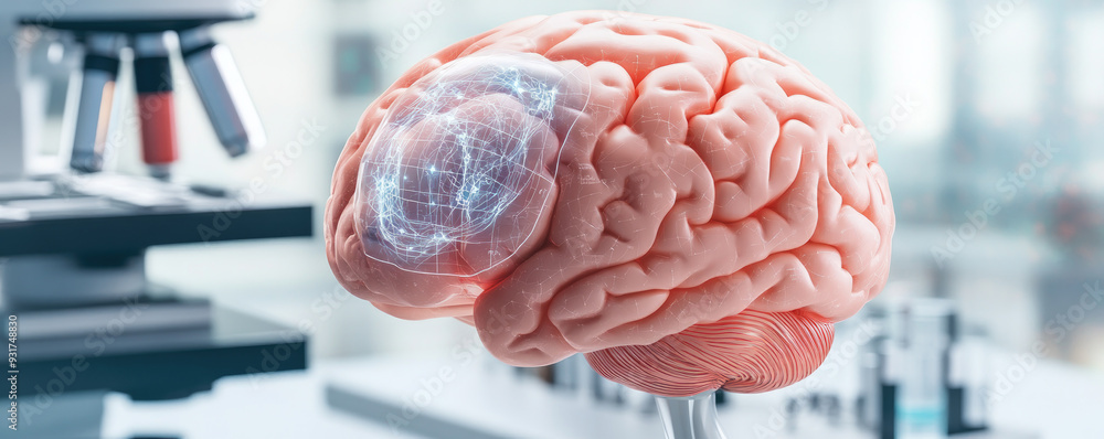 Aufkleber brain with digital neural network projection in modern laboratory setting, symbolizing advancements 