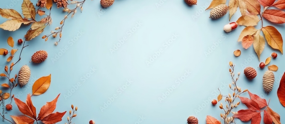 Poster Autumn arrangement on a light blue background with copy space Circular frame created from leaves rowan branches and acorns