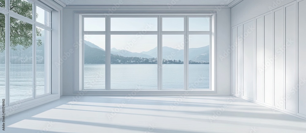 Poster a vacant white room with windows facing the lake and a large white wardrobe no one is present inside