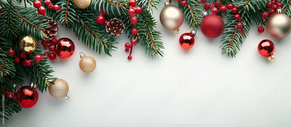 Poster Christmas backdrop featuring fir tree branches adorned with red and gold ornaments on a white background Top view Copy space