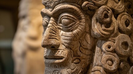 Close-up of a stoneman sculpture, with intricate carvings and details that tell a story of ancient times.