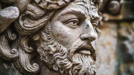 Close-up of a stoneman sculpture, with intricate carvings and details that tell a story of ancient times.