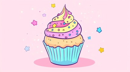 A cute, cartoon cupcake with sprinkles on a pink background with stars.