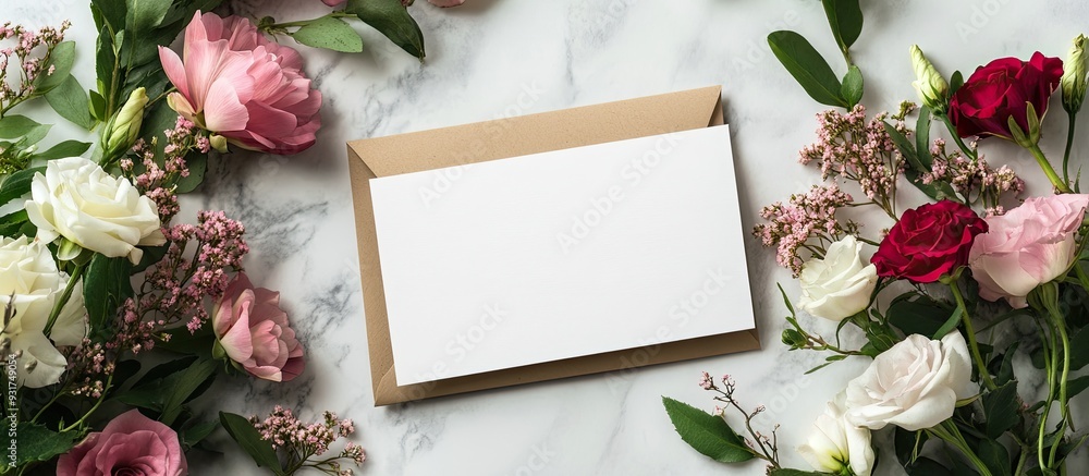 Fototapete Arrangement of a blank card and various flowers on a light background close up. with copy space image. Place for adding text or design