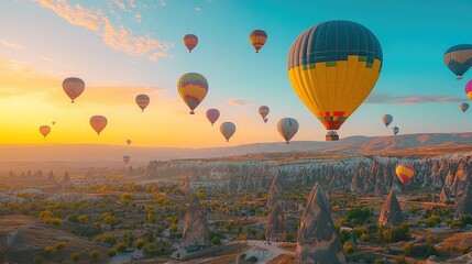 Obraz premium Dozens of colorful hot air balloons rising into the early morning sky over Cappadocia, with fairy chimneys dotting the landscape below.