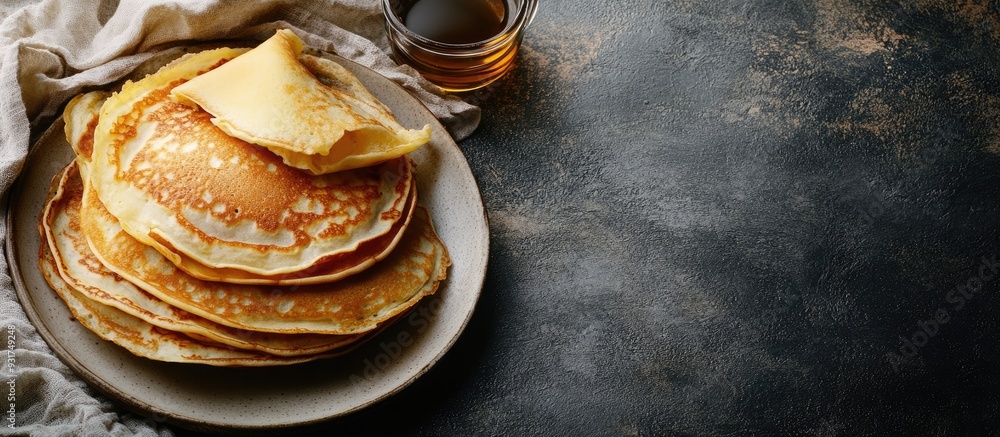 Poster delicious traditional russian pancakes on a plate rustic style. with copy space image. place for add