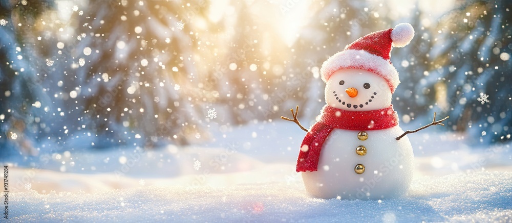 Poster Joyful snowman in a winter Christmas setting. with copy space image. Place for adding text or design