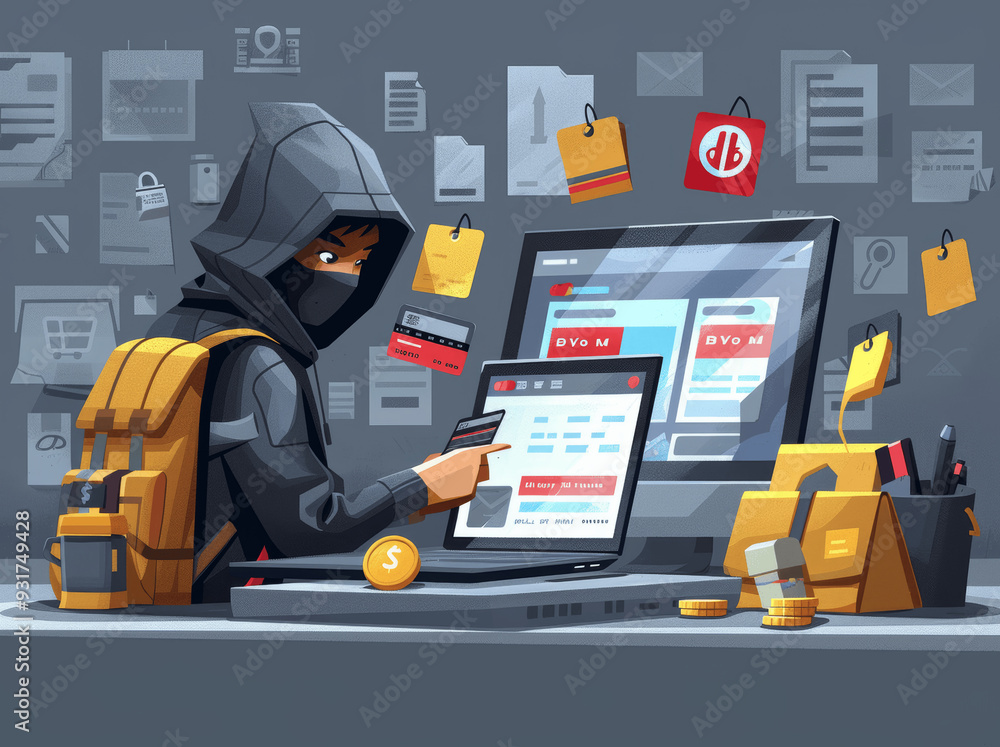 Poster 3d illustration of cybersecurity threats and online scams with hacker stealing data and personal inf