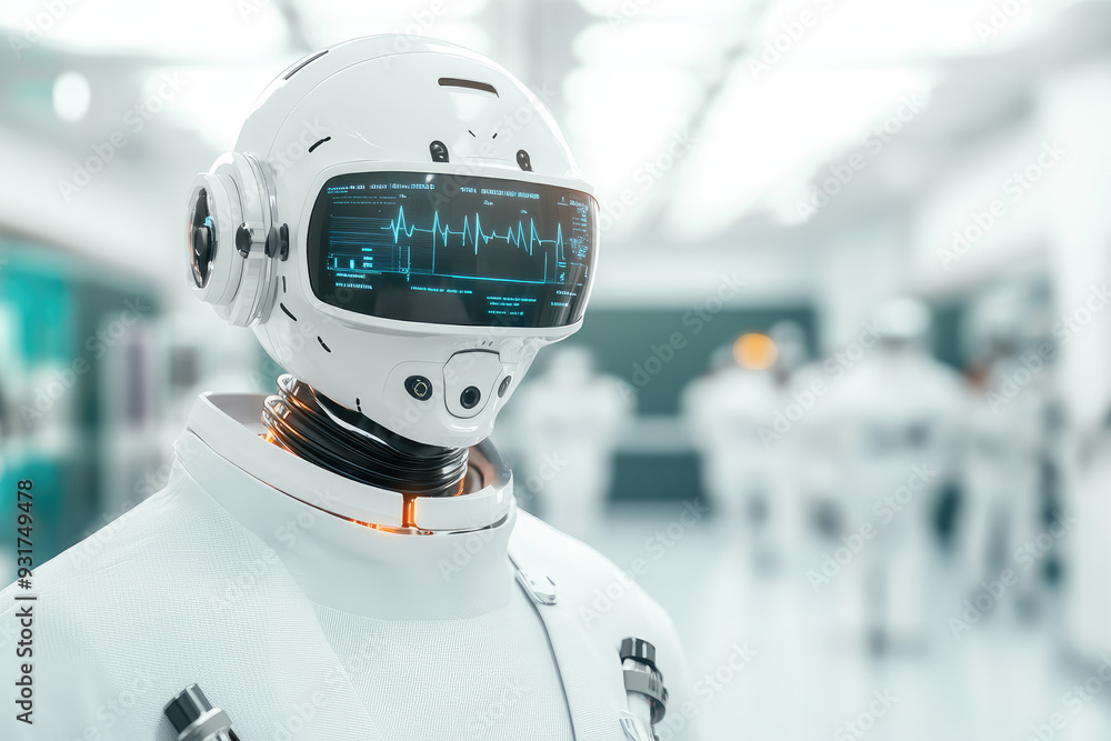 Poster futuristic medical robot, a sleek humanoid robot in a sterile environment, visual display shows vita