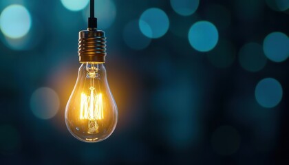A glowing light bulb hanging against a blue bokeh background, creating a warm and inviting atmosphere.