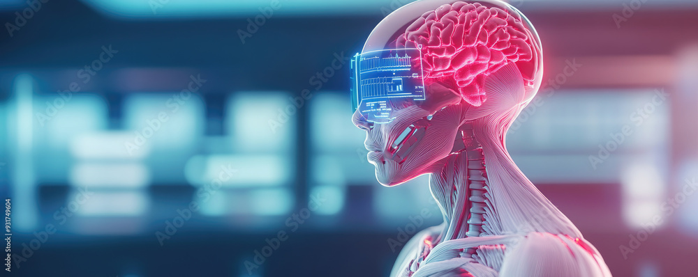 Poster cyborg intellect, a futuristic depiction of a humanoid figure with a digitized brain interface, show