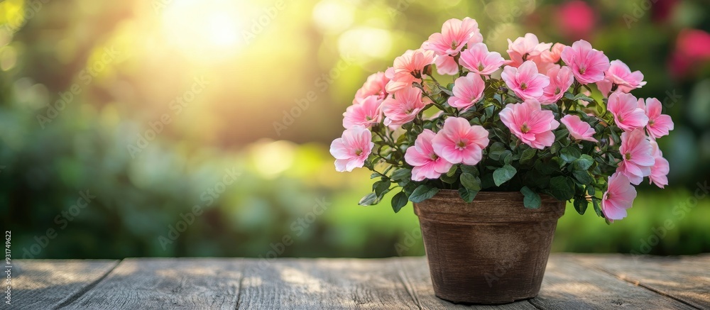 Poster beautiful artificial flowers blooming in a pot on an old wooden table in the park. with copy space i
