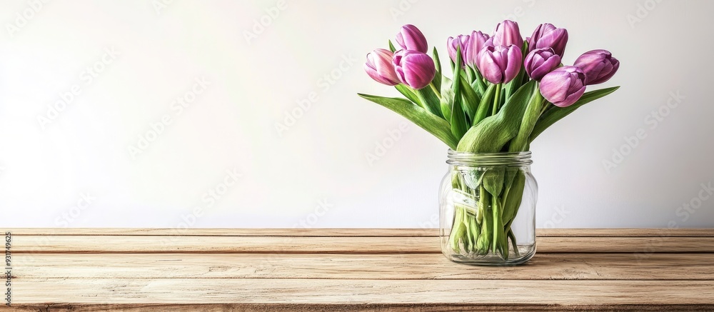 Aufkleber purple tulips in a glass jar on a wooden table next to the white wall. with copy space image. place 