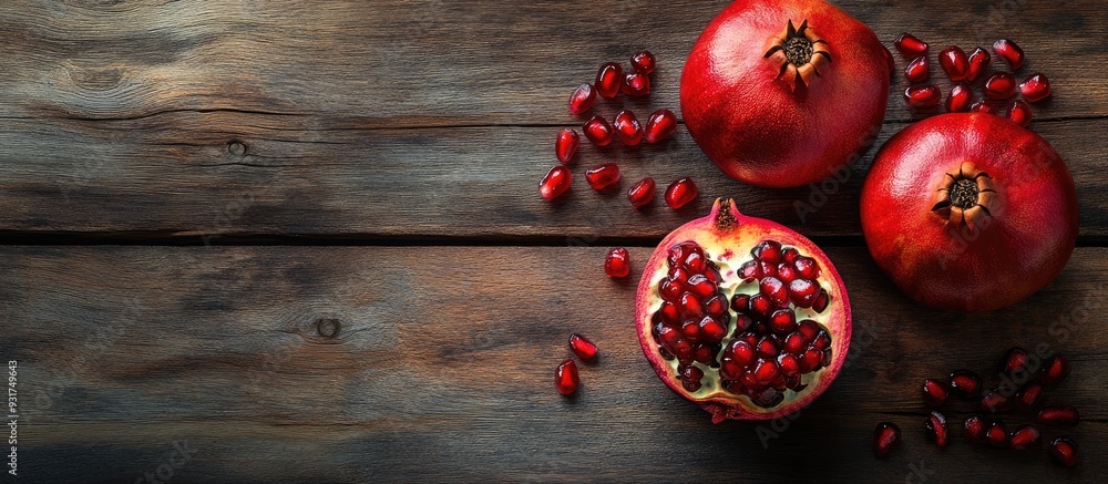 Fototapete A collection of fresh ripe pomegranates on a rustic wooden table with one pomegranate split open to reveal its seeds. with copy space image. Place for adding text or design