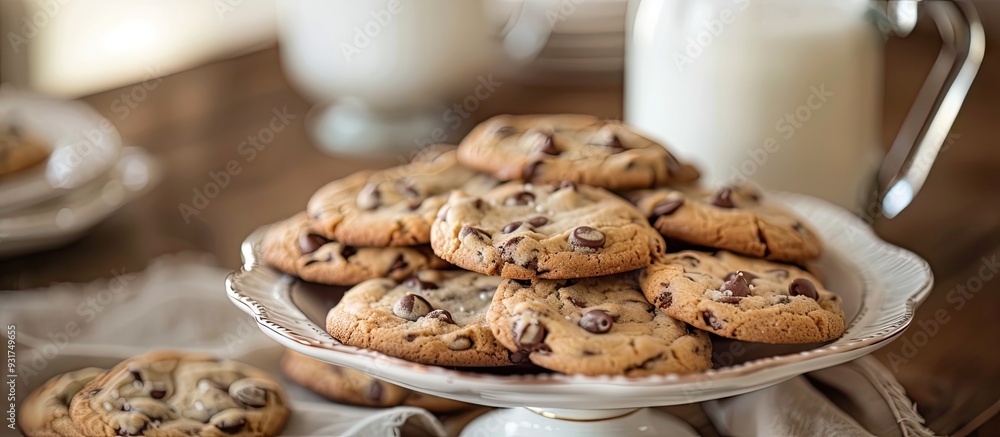 Aufkleber Cookies with chocolate chips and milk. with copy space image. Place for adding text or design