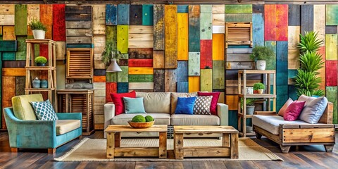 Fototapeta premium Eclectic style meets sustainability in a world of upcycled treasures, where vibrant hues and textures come together to tell a story of innovative design and creative rebirth.