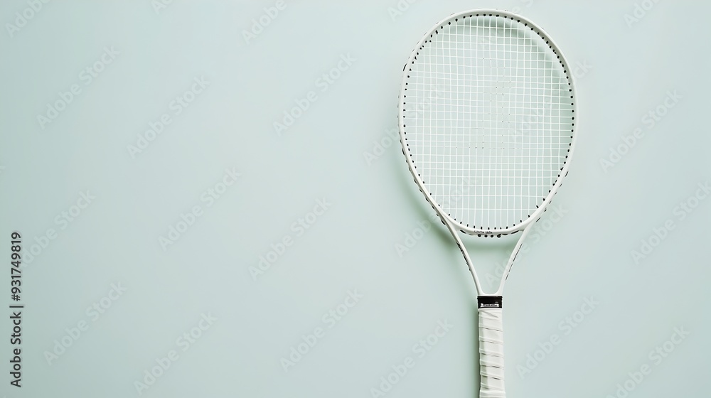 Poster a clean white badminton racket photographed against a simple minimalist background the image provide