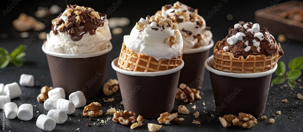 Poster Ice cream in waffle cups adorned with sweets marshmallows and nuts against a dark background The surface has copy space for text