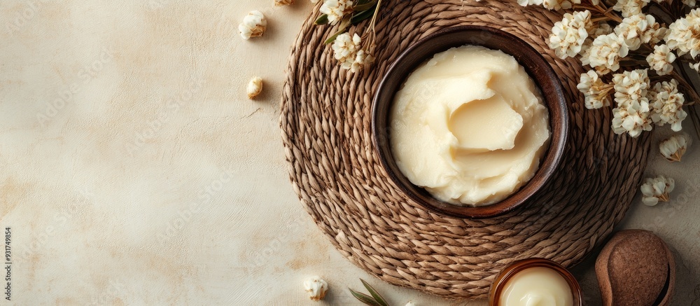 Aufkleber Arrangement featuring shea butter on a table. with copy space image. Place for adding text or design