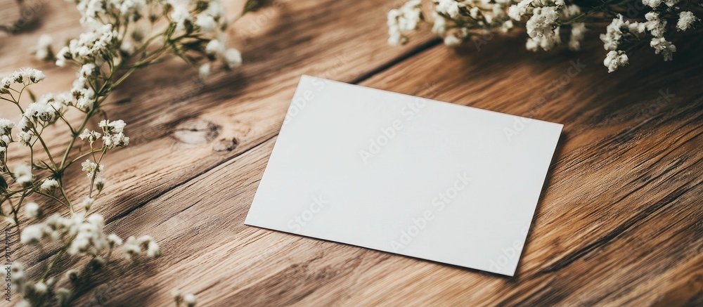 Aufkleber Stylish table arrangement featuring a blank card on a wooden surface close up. with copy space image. Place for adding text or design