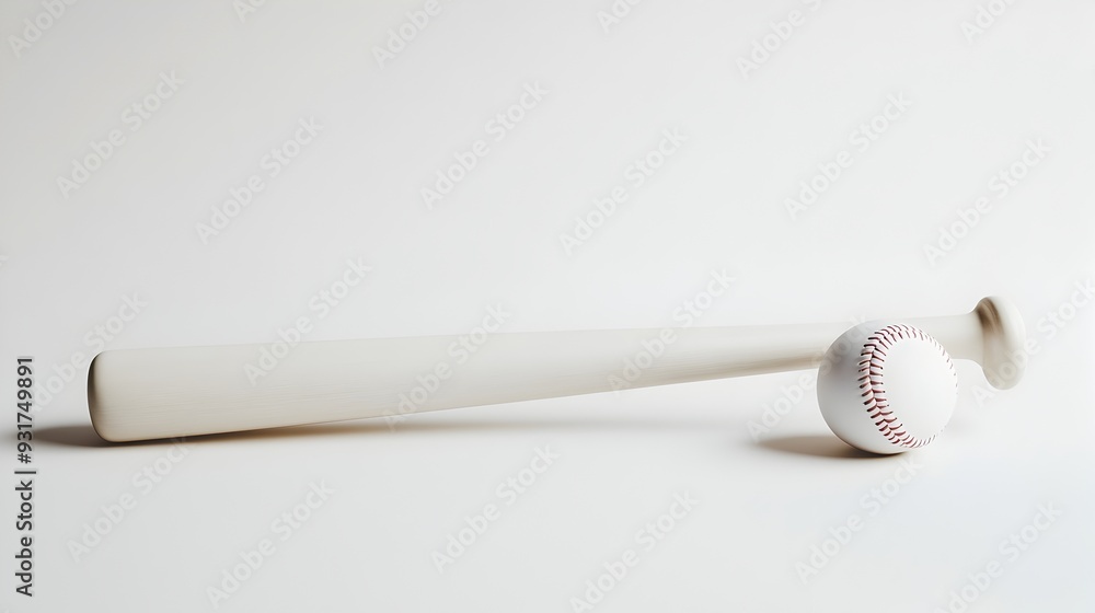 Poster minimalist white baseball bat and matching ball set against a clean blank white background featuring