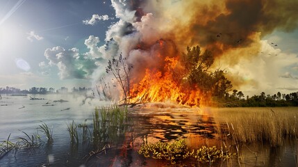 Image depicting the effects of climate change with extreme weather events including wildfires and floods ravaging different parts of the world