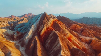 The dramatic landscape of Zhangye's Danxia landform, with sharp ridges and vibrant colors contrasting against the sky.
