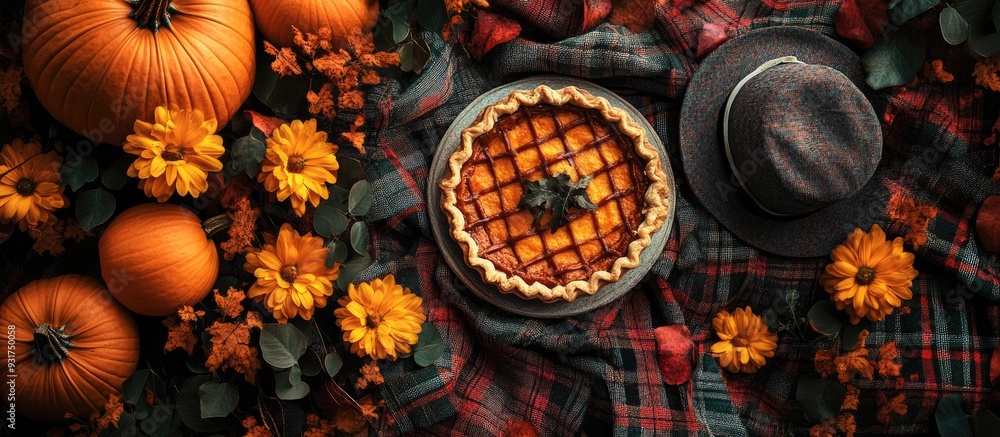 Poster autumn arrangement featuring pumpkins yellow tea flowers a cozy plaid and hat with a pumpkin pie in 