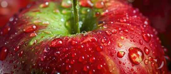 Red and green juicy apple with droplets. with copy space image. Place for adding text or design