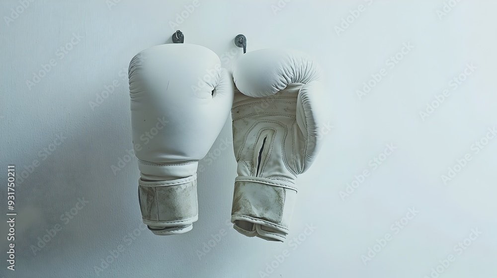 Poster A pair of pristine white boxing gloves hanging from a metal hook against a plain white wall creating a minimalist and clean still life image with ample copy space at the bottom for text overlay