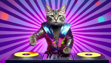 Pop art image A cat in a disco outfit dancing on a DJ booth.