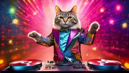 Pop art image A cat in a disco outfit dancing on a DJ booth.