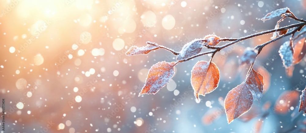 Fototapete First snow of the season on a branch at dawn. with copy space image. Place for adding text or design