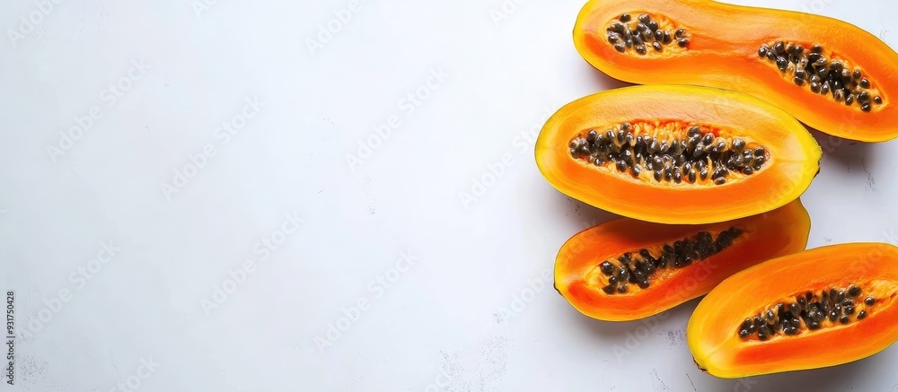 Fototapete Exotic fruits Top view of papaya on a white background with space for text. with copy space image. Place for adding text or design