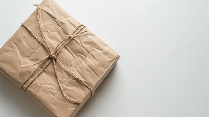 A closed brown cardboard box appearing to float against a white background 