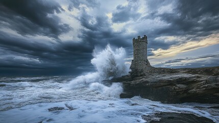 Naklejka premium The Maiden Tower during a storm, with dramatic clouds and waves crashing against the rocky outcrop.