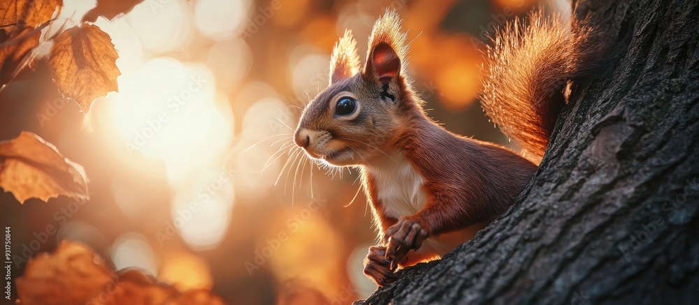 Poster Close up of a squirrel on a tree with sun flare. with copy space image. Place for adding text or design