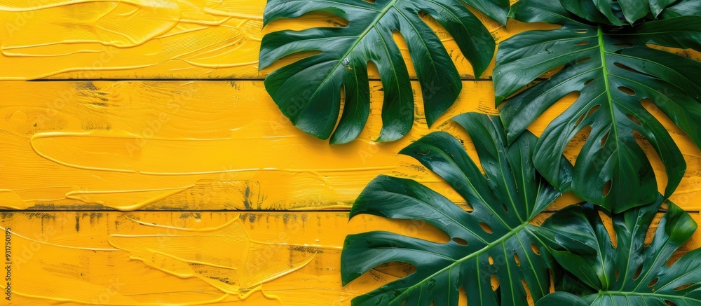 Leinwandbilder green monstera palm leaves on a yellow background flat lay top view. with copy space image. place fo