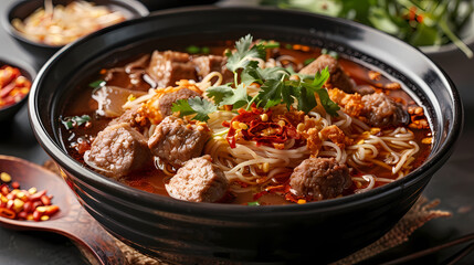 Fototapeta premium A steaming bowl of boat noodles with rich, flavorful broth, tender beef slices, meatballs, fresh bean sprouts, and fragrant herbs, topped with crispy pork cracklings and a dash of chili flakes