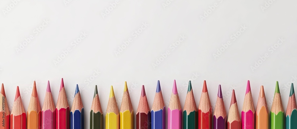 Poster selective focus on colored pencils with stripes set against a white background with copyspace