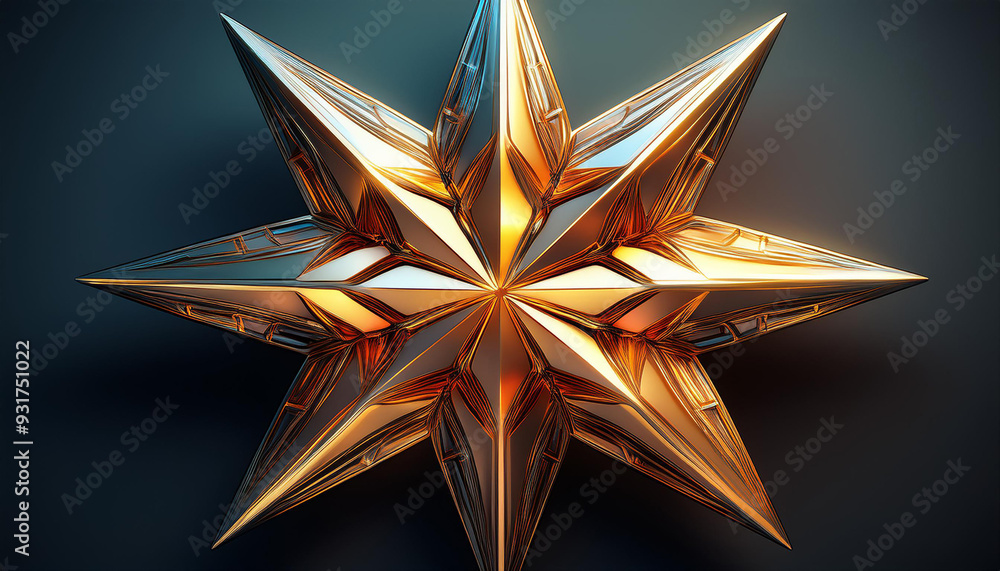 Poster a 3d abstract shape resembling a four-pointed star or cross with a shiny metallic surface, perfect f