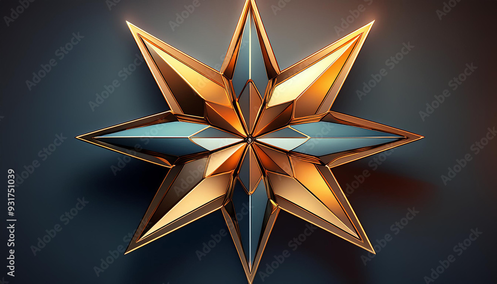 Poster a 3d abstract shape resembling a four-pointed star or cross with a shiny metallic surface, perfect f