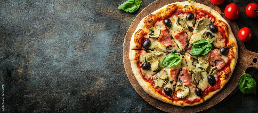 Poster artichoke pizza with ham and olives as a fast food snack or appetizer on the table featuring copyspa