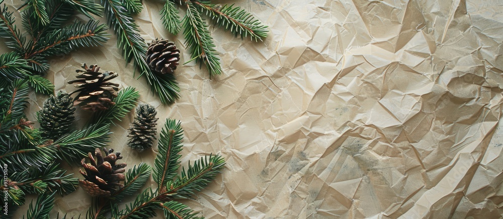 Poster spruce twigs and paper christmas decorations on a wrinkled green linen textile background. with copy