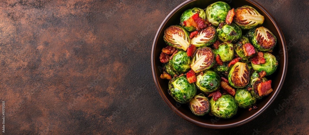 Poster tasty roasted brussels sprouts and bacon in a bowl on a brown table top view copyspace available